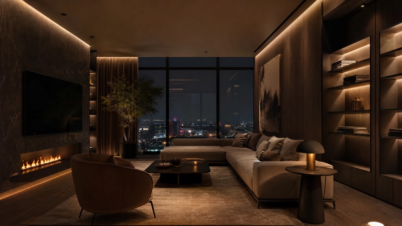 Sala de estar luxuosa com lareira, iluminação ambiente e vista noturna para climatização inteligente KiWi
