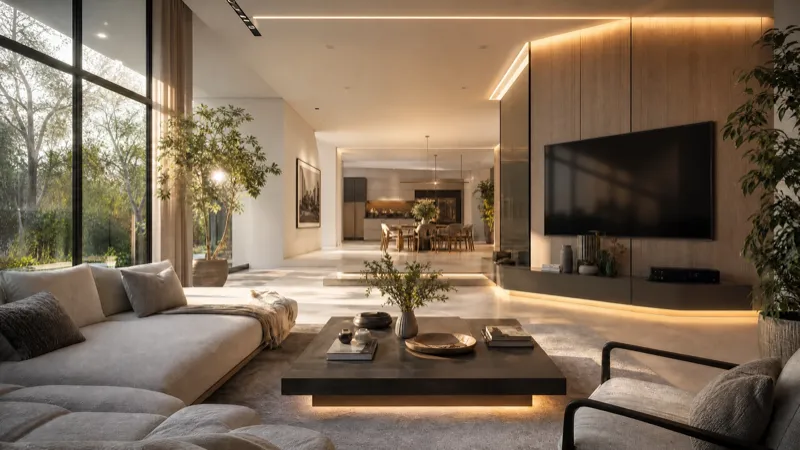 Sala de estar luxuosa com automação residencial KiWi, iluminação LED ambiente e TV integrada