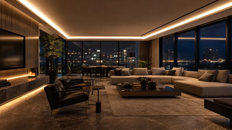Apartamento de luxo com automação residencial KiWi, iluminação LED ambiente e vista panorâmica noturna