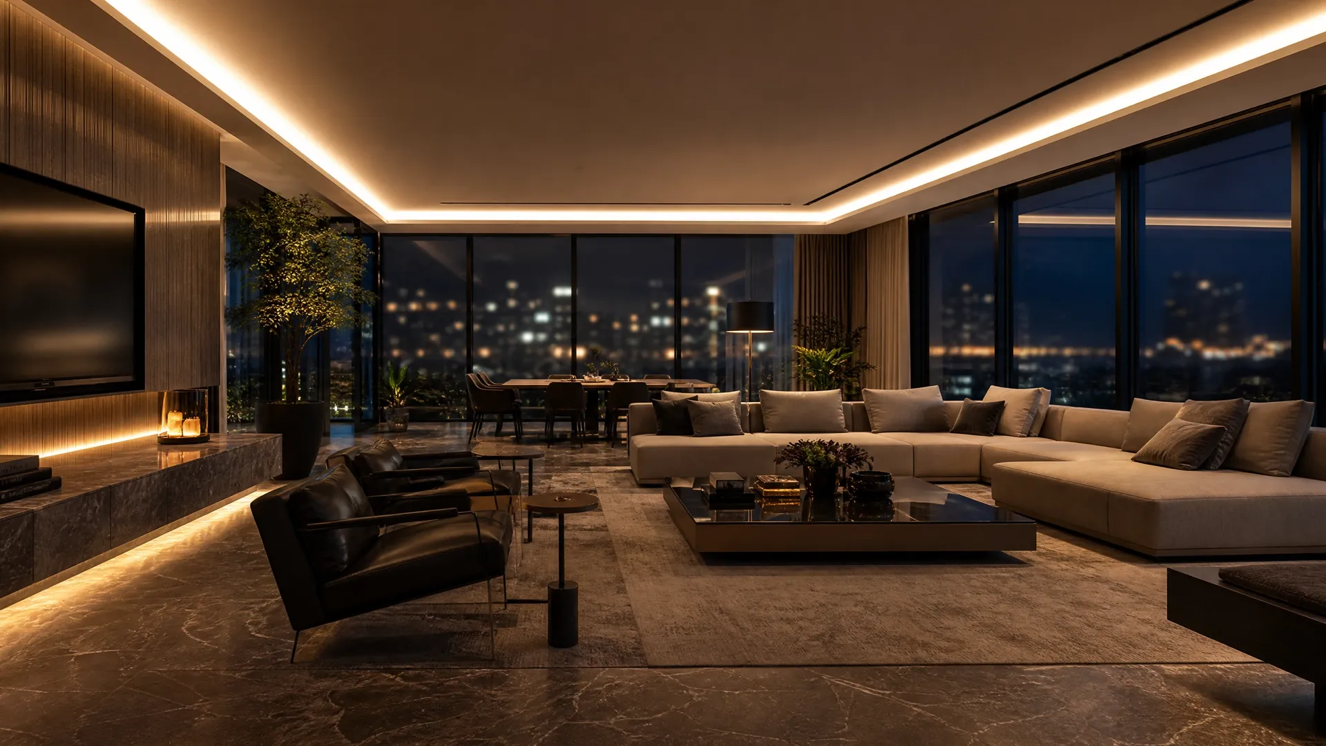 Apartamento de alto padrão com automação residencial KiWi, iluminação LED ambiente e vista panorâmica noturna da cidade