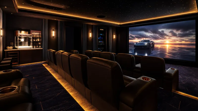 Sala de home theater de luxo com poltronas reclináveis, teto estrelado, bar com pipoqueira e tela 4K exibindo filme